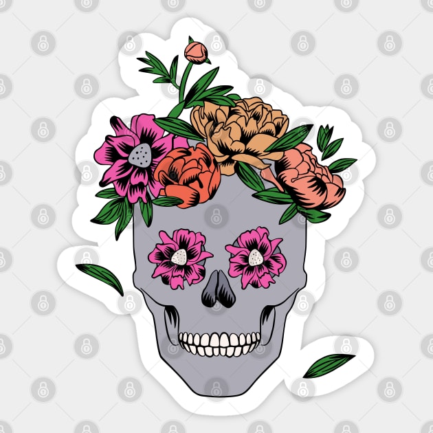 Womens Floral Skull Peony Flower Sticker by okpinsArtDesign